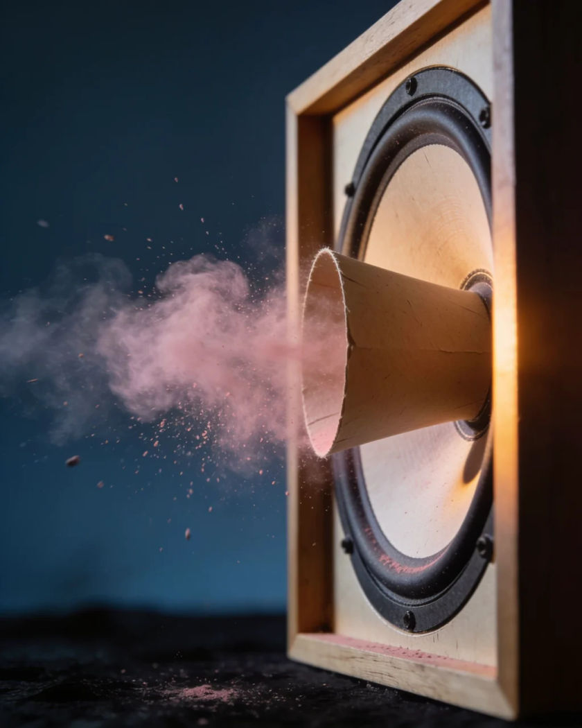 A bare paper speaker cone lit warm from the side, fine pink dust lifting off its surface against a cool dark ground