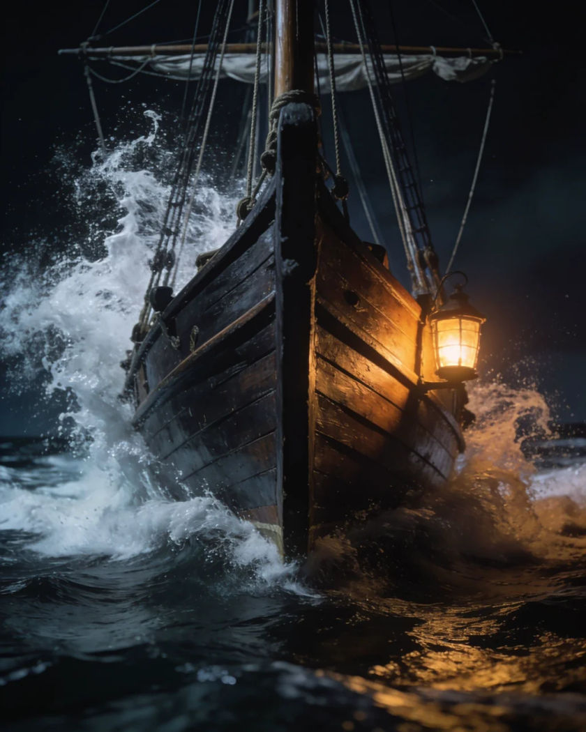 The dark wooden bow of an old sailing ship cutting through spray under warm lantern light against a cool night ground, sea spray mid-air