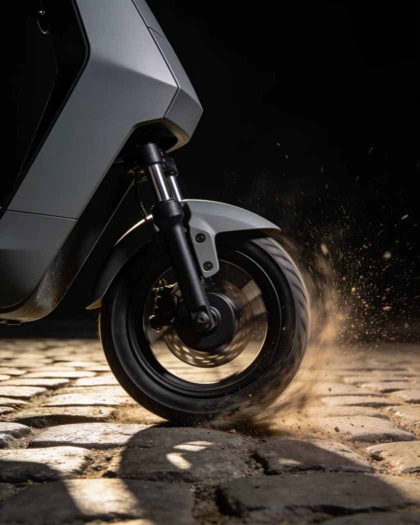 The front wheel of a plain scooter spinning on cobbles, grit flicking up under warm side light against a dark ground