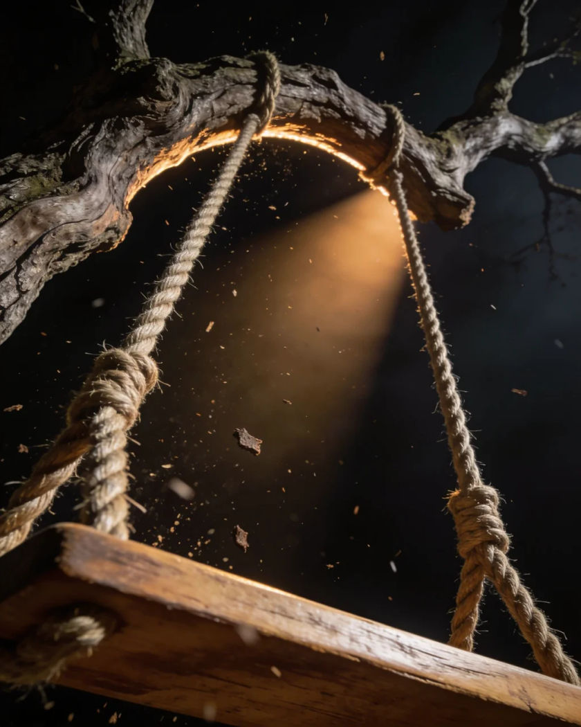 A rope swing caught at the top of its arc beneath an old tree branch under warm low light against a cool dark ground