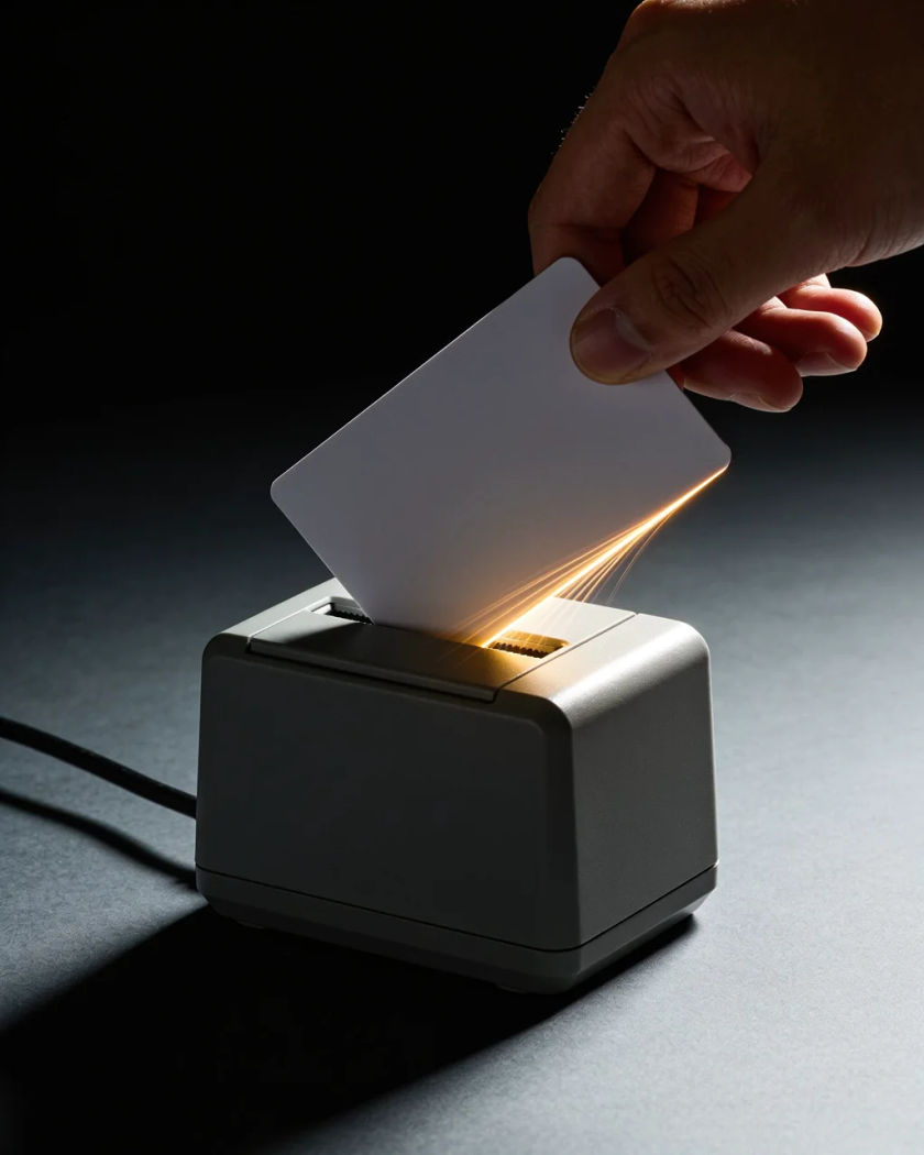 A hand swiping a plain card through a slot reader under warm side light against a cool dark ground, a streak of light trailing the card