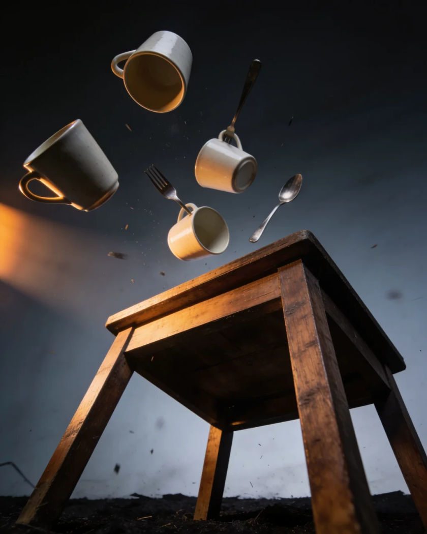 A heavy wooden table tipping over with cups flying off it under warm side light against a dark cool ground