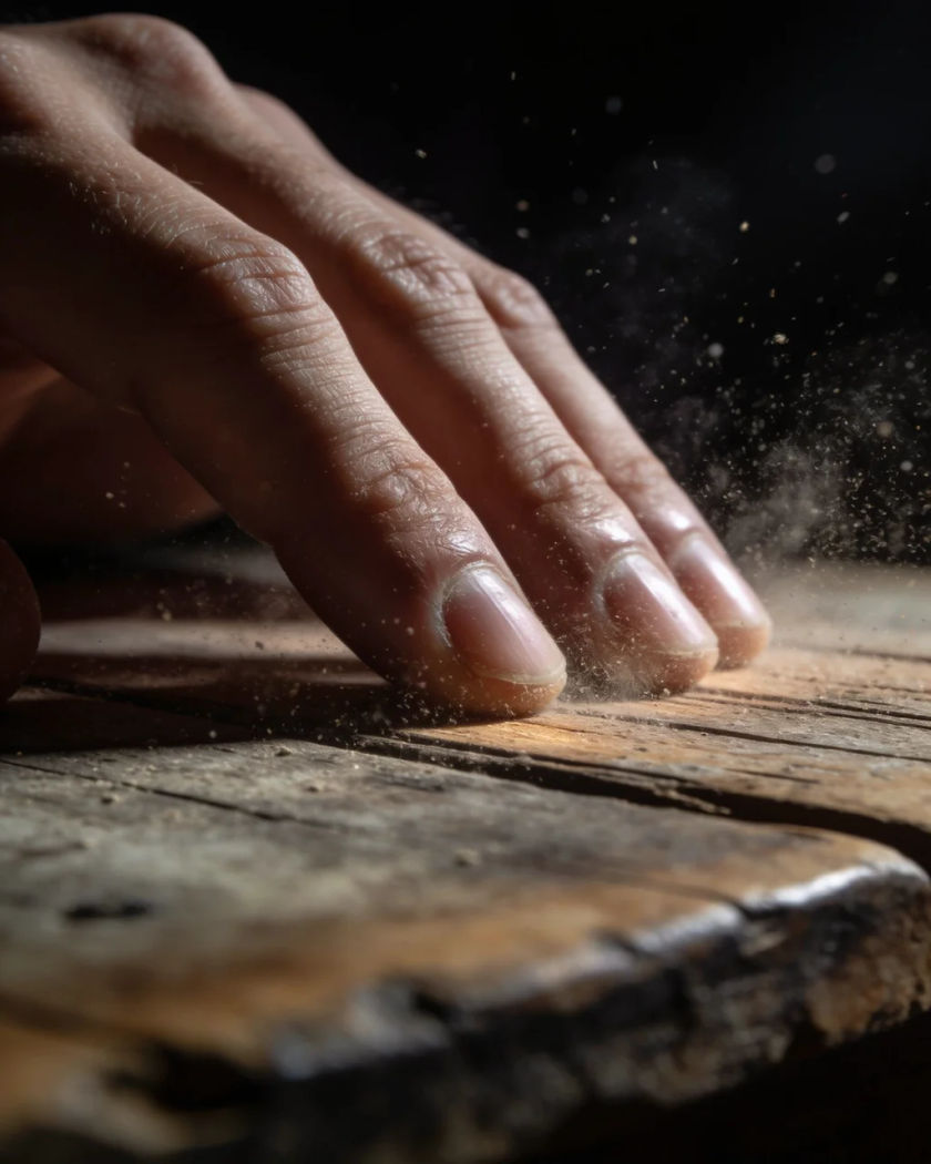 Fingertips drumming on a worn wooden table under warm side light against a cool dark ground, specks of dust lifting from the grain