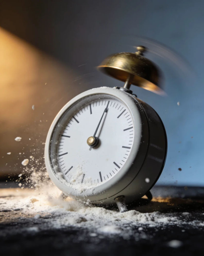 A plain wind-up kitchen timer with its bell ringing, flour specks jumping off the counter under warm light against a dark ground