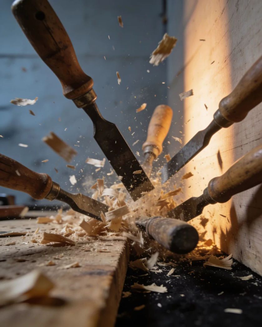 A spread of old wooden-handled hand tools tumbling onto a workbench under warm side light against a dark cool ground, sawdust in the air