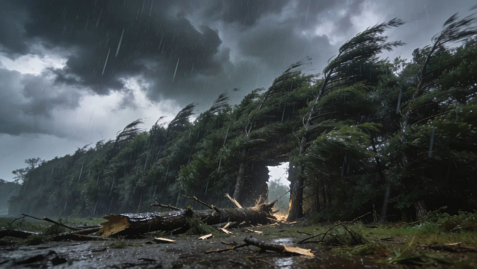 A storm felling trees out of sight
