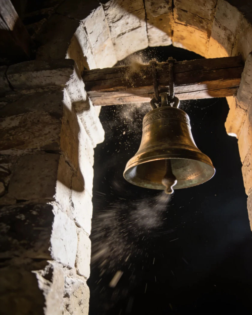 A small bronze bell swinging in a stone bell tower under warm low light against a cool dark sky, dust shaken from the beam