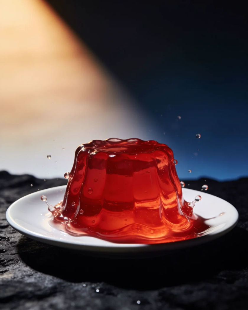 A bright red jelly mid-wobble on a white plate under warm side light against a dark cool ground, droplets flicking off its sides
