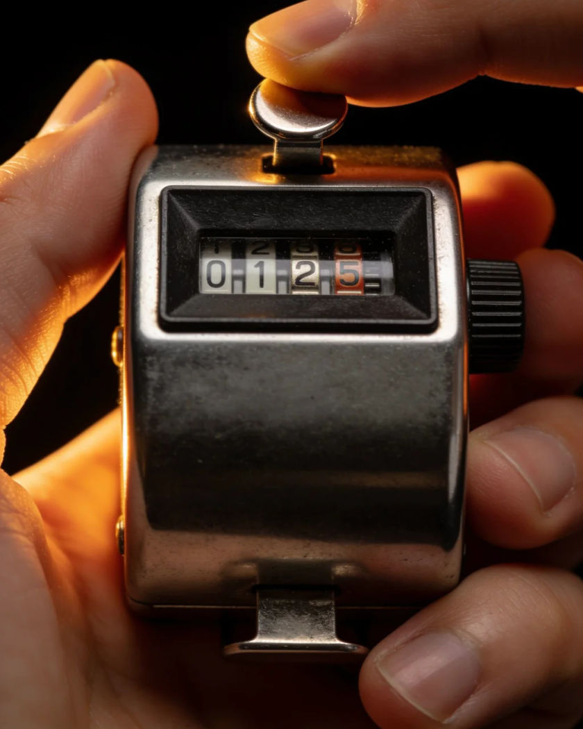A plain steel hand tally counter held between a thumb and fingers under warm side light against a black ground, the button pressed mid-click