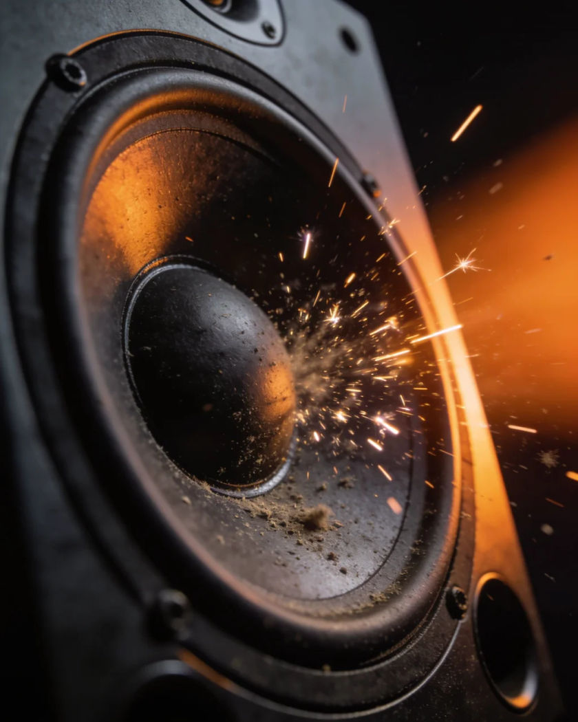 A black speaker cone pushed hard mid-pulse in warm orange side light against a black ground, sparks and dust bursting off it