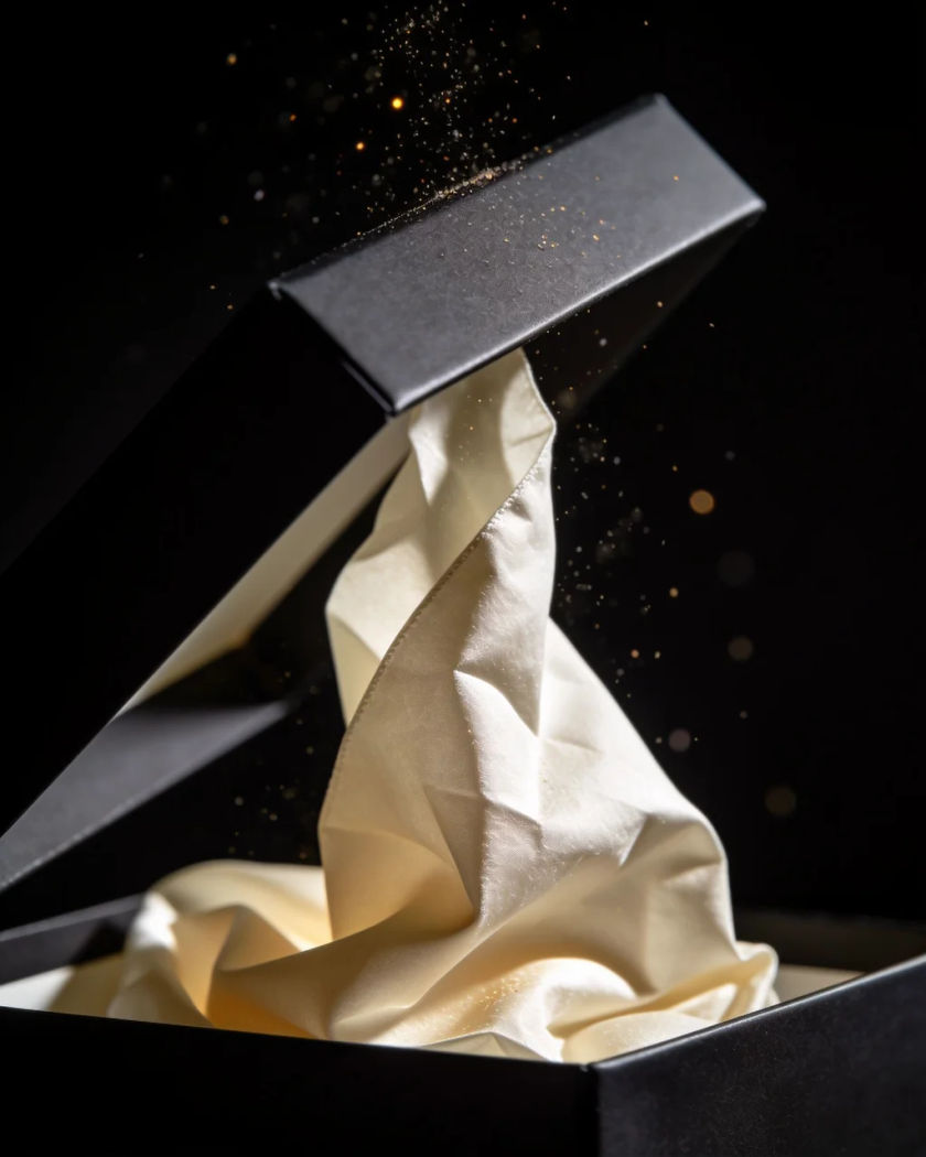 The lid of a plain matte black gift box lifting away under warm side light against a near-black ground, a fold of silk tissue rising with it