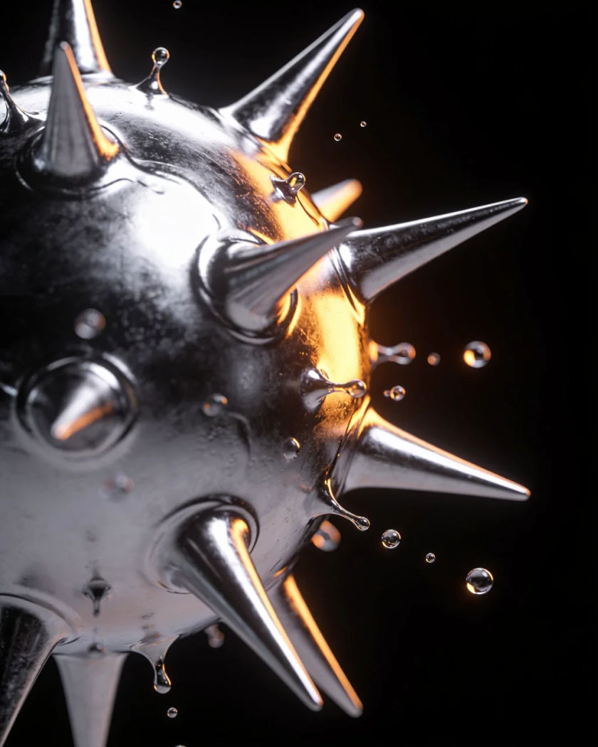 A sphere of liquid silver metal twisting into a new shape under warm side light against a black ground, droplets pulling away from its surface