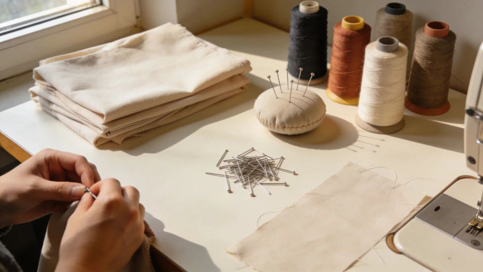 Set up a busy sewing table in the first shot