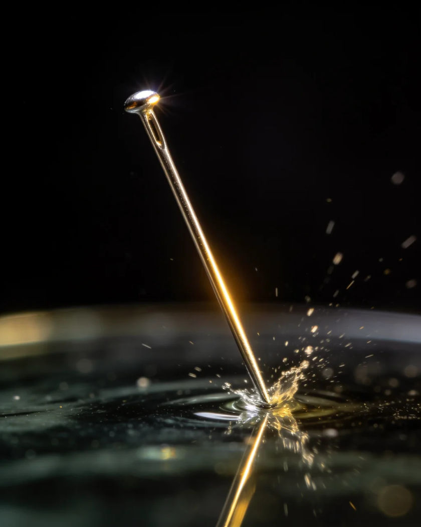 A steel sewing pin striking dark glass in warm golden side light against a black ground, a bright glint where it lands