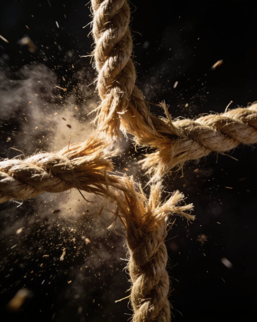 A taut rope snapping apart under warm side light against a black ground, frayed fibres flying from the break