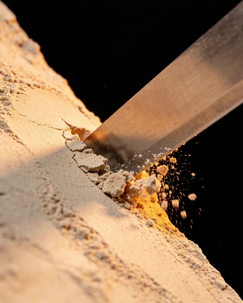 A knife slicing through a block of pastel moulding sand under warm side light against a black ground, fine grains crumbling away from the cut