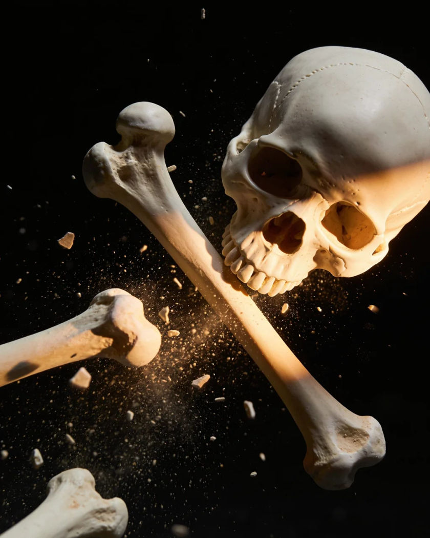 A pale skull and loose bones clattering down through the frame with dust flying, under warm light against a pure black ground