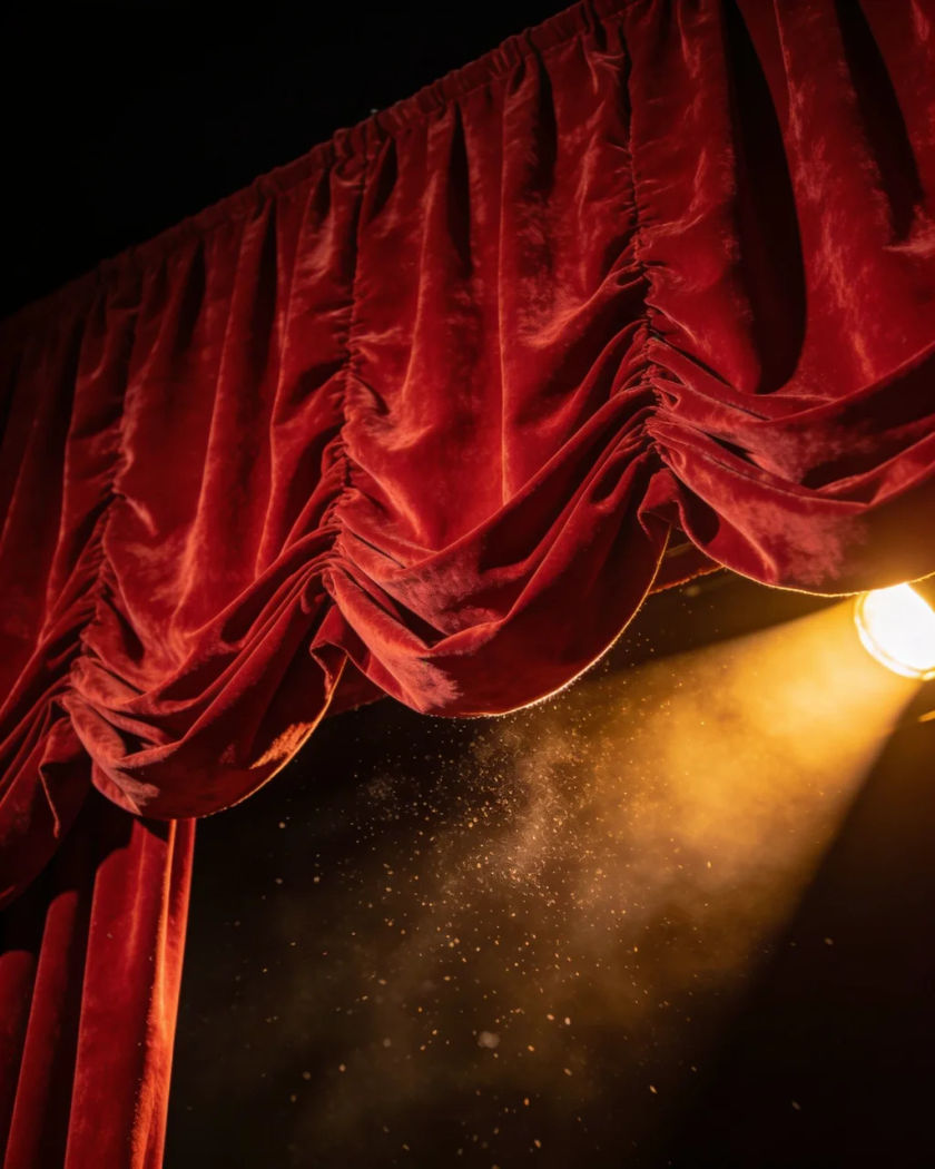 A heavy red velvet stage curtain lifting under a warm spotlight against a black ground, dust drifting in the beam below its hem