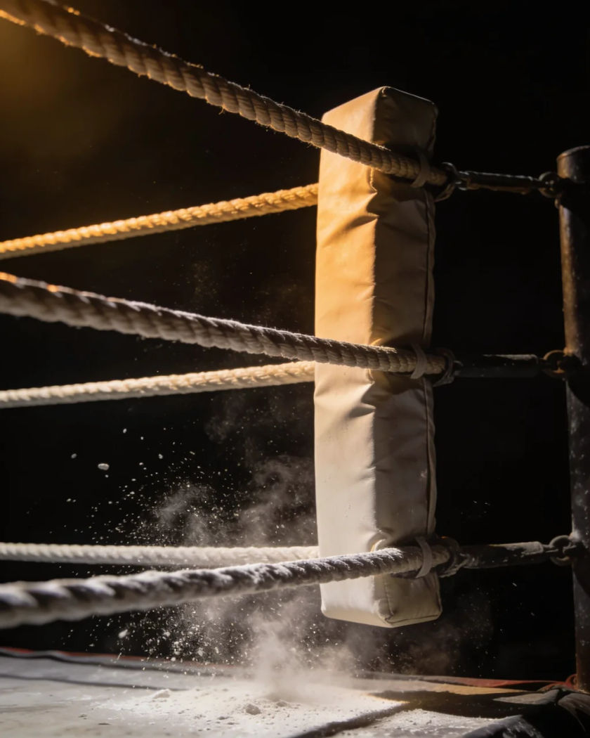 An empty wrestling ring corner with taut ropes and a dusty canvas under warm side light against a near-black ground, chalk dust hanging in the air
