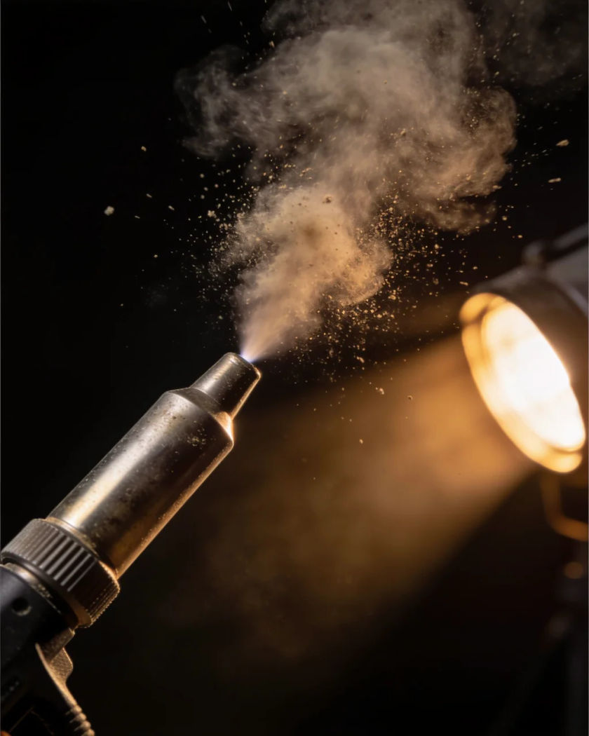A steel air nozzle firing a burst of air that throws a cloud of fine dust across warm side light against a black ground