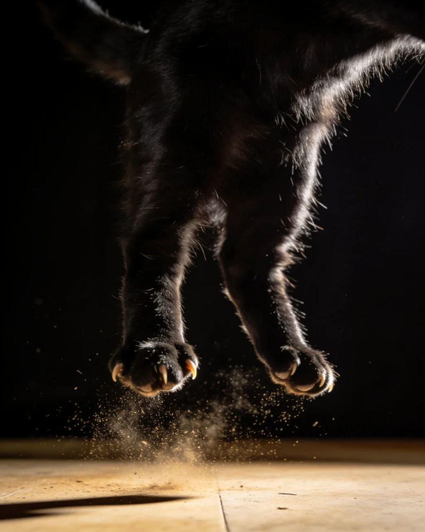 An arched black cat seen low from the side with its fur standing on end under warm side light against a black ground, dust lifting from its paws
