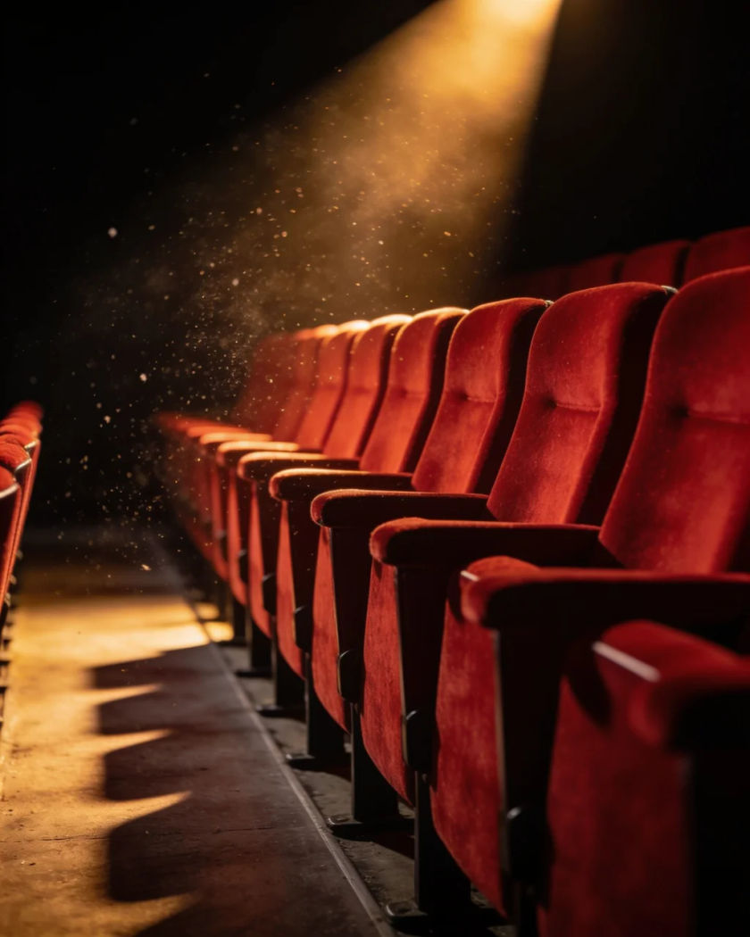 Rows of red velvet theatre seats seen low from the aisle under a warm spotlight against a black ground, dust drifting in the beam