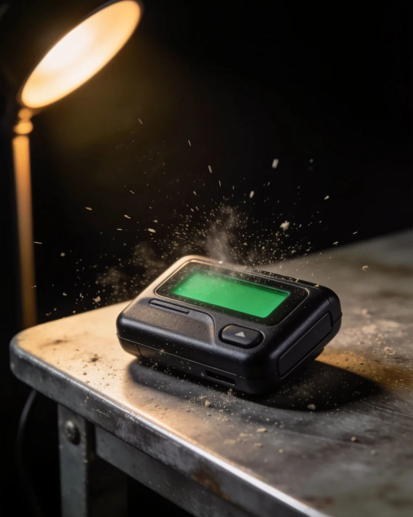 A small plain black pager buzzing on a steel table under warm side light against a black ground, its small screen glowing dim green