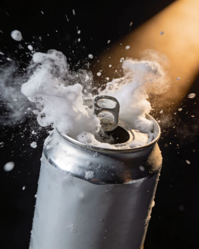 A plain silver aluminium can bursting open with foam and spray under warm side light against a black ground
