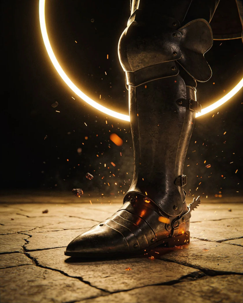 A ring of golden light rising around armoured boots on a stone floor under warm side light against a black ground, sparks lifting