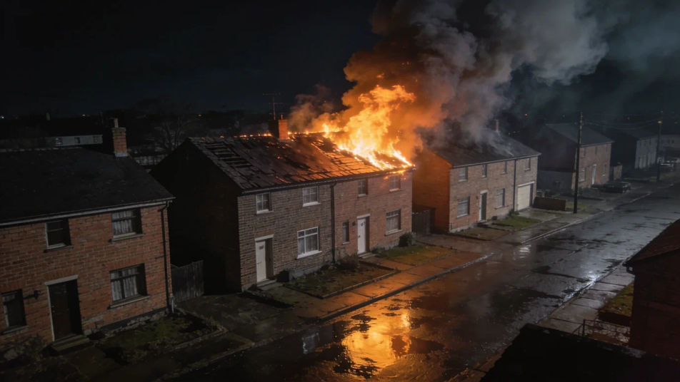 Show a street already on fire