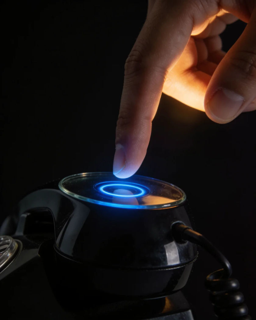 A fingertip lifting off a dark glowing handset screen under warm side light against a pure black ground, a ring of light shrinking away beneath it