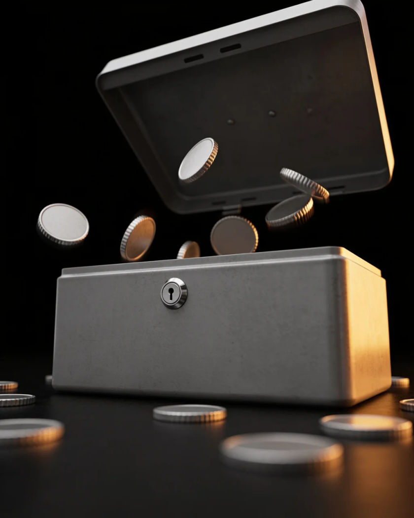 A plain steel cash box with its lid flung open and small gold coins leaping from the tray against a pure black ground