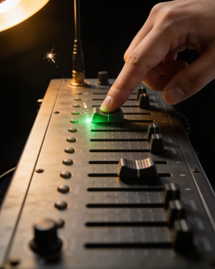 A hand pressing the talk key on a plain radio console under warm light against a pure black ground, a green indicator light flaring