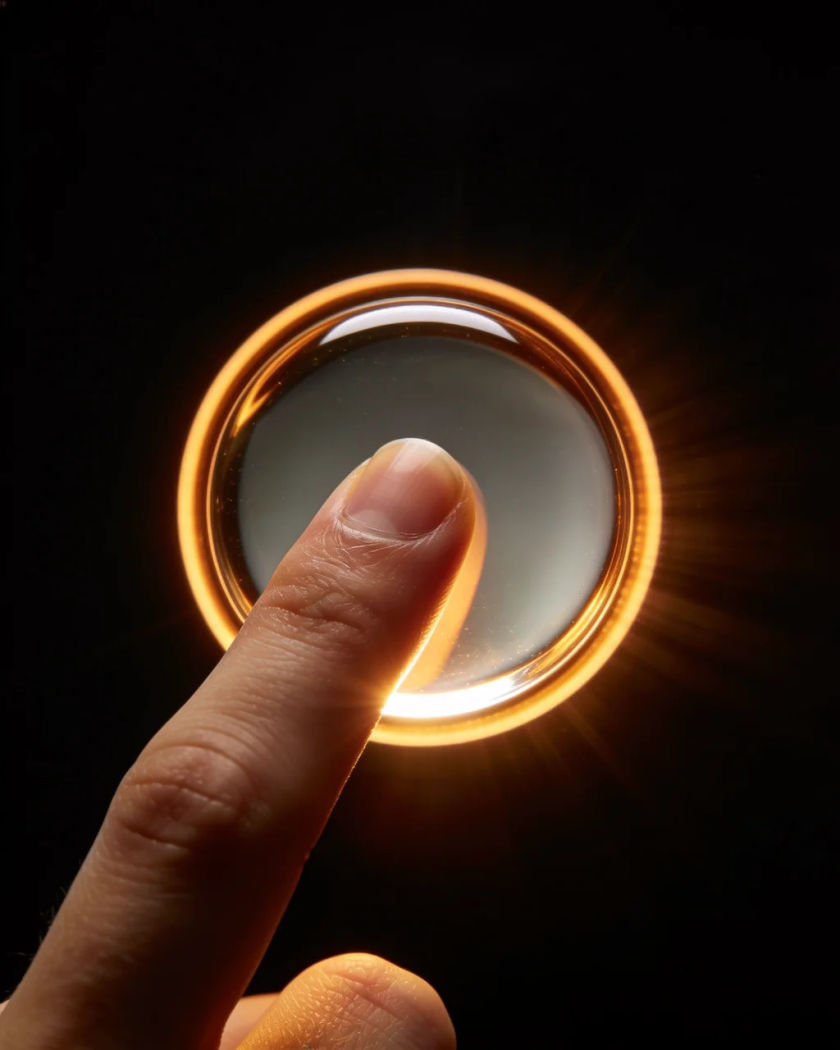 A fingertip pressing a plain round glass button under warm side light against a black ground, a ring of light pulsing out from the press