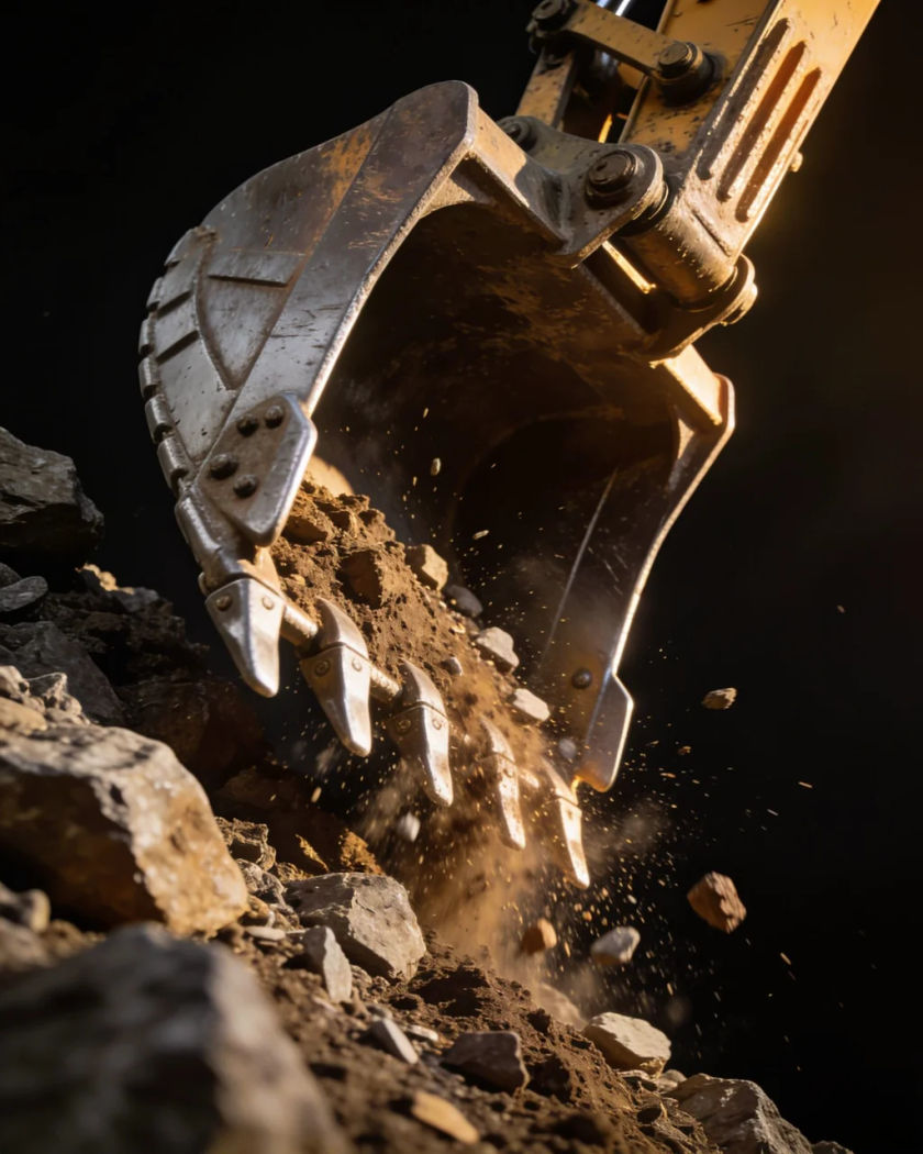 A steel excavator bucket biting into rocky earth under warm side light against a black ground, soil and stones spraying from its teeth