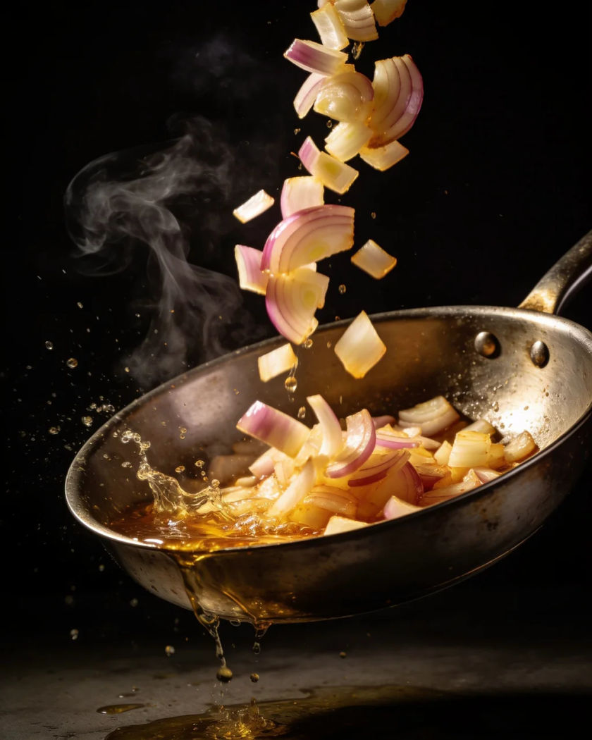 Chopped onions tumbling into a hot steel pan under warm side light against a black ground, oil spitting and steam curling up