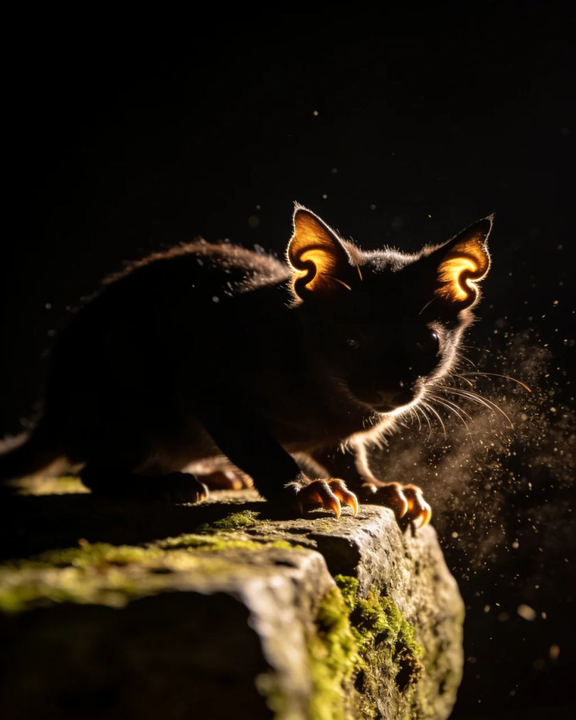 The silhouette of a small dark creature crouched on a mossy stone under warm side light against a black ground, dust kicking up from its claws