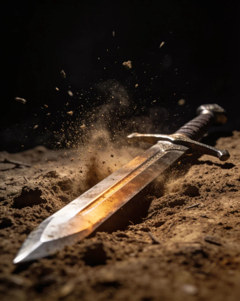 A steel sword lying in dry dirt under warm side light against a black ground, dust still settling around the blade