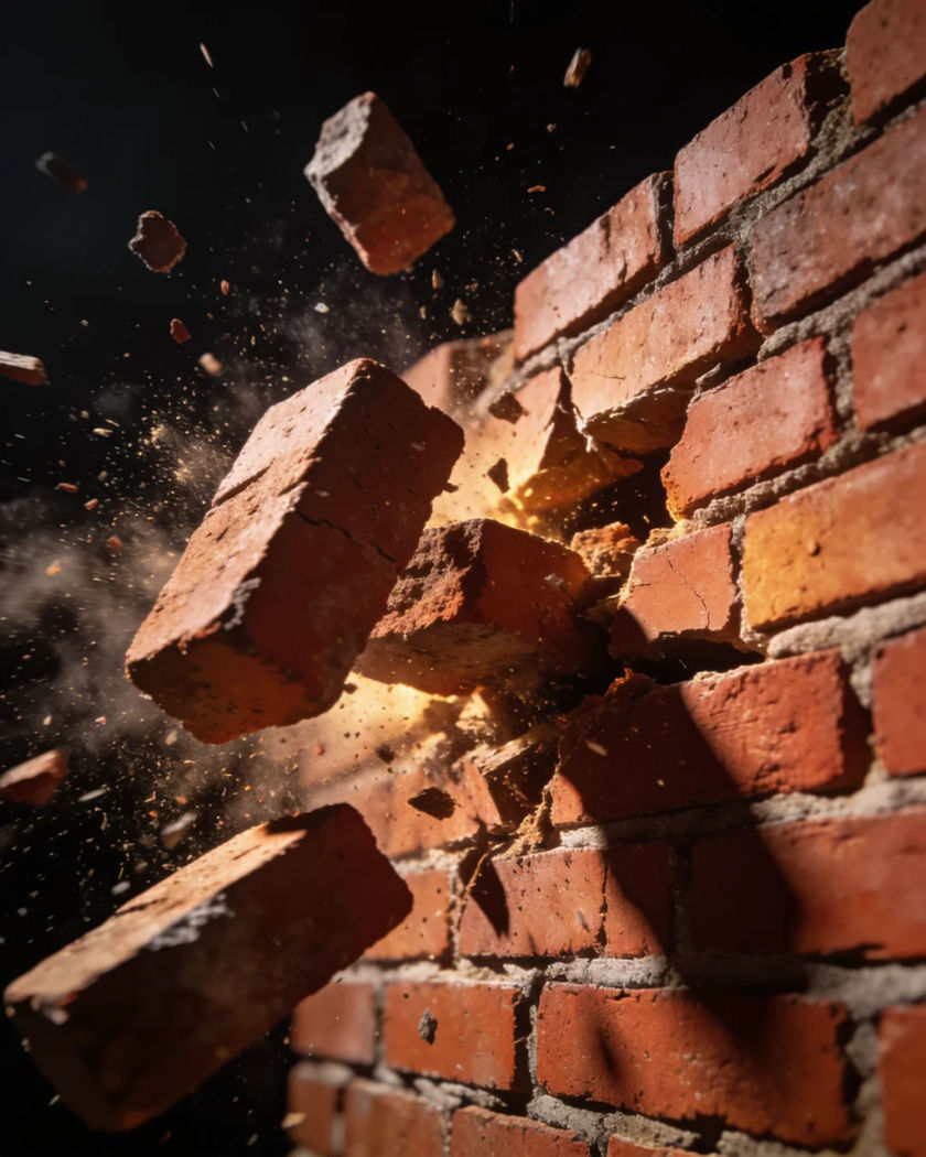 A brick wall bursting apart under warm side light against a black ground, bricks and dust flying outward mid-air
