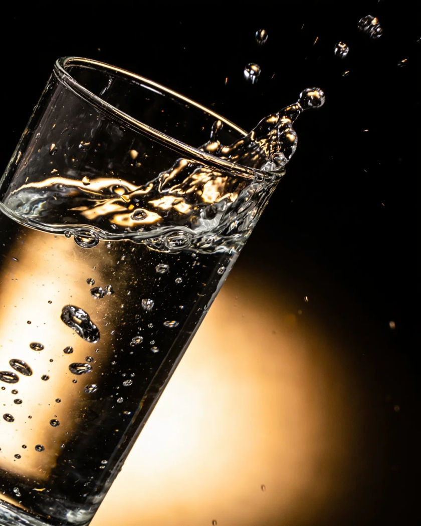 Water splashing from a tilted glass under warm side light against a black ground, droplets flying from the rim