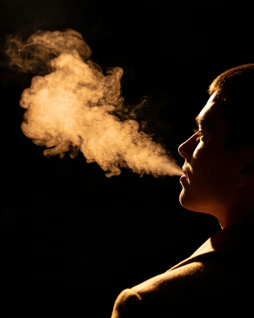 A plume of warm breath vapour drifting from a figure seen from behind in side light against a dark ground