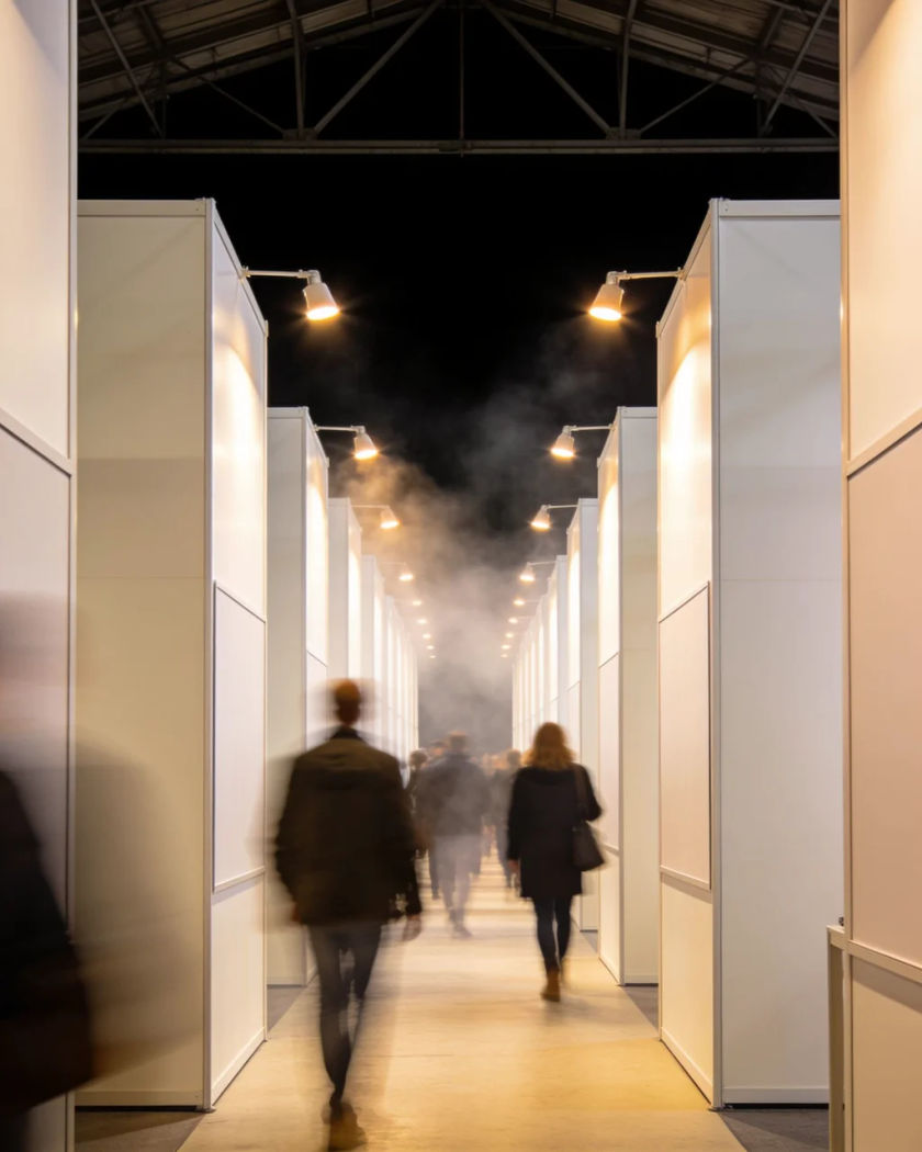 A blurred stream of visitors seen from behind walking down a bright exhibition aisle between blank booth panels, warm light against dark rafters