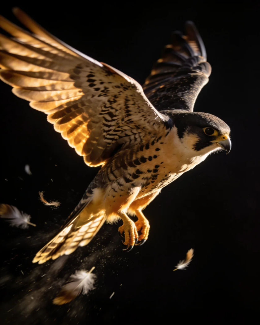 A falcon in a steep dive with wings swept back, lit by warm side light against a dark ground, a few loose feathers trailing