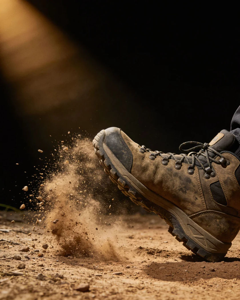 A hiking boot mid-step on a dusty dirt trail in low warm light against a dark ground, a puff of dust and grit kicked up from the sole