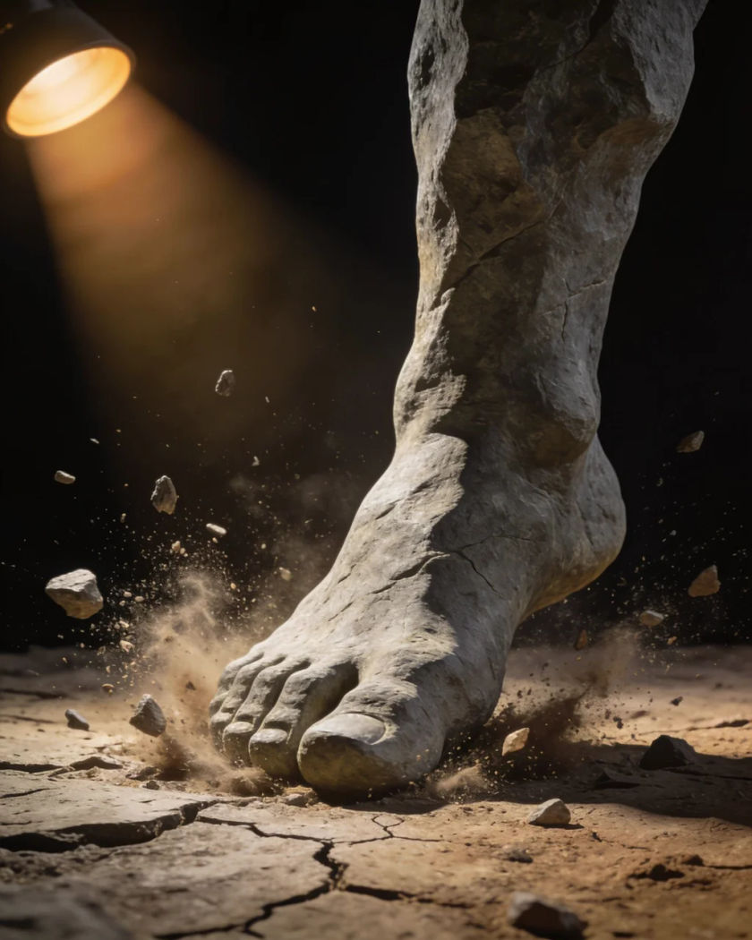 A colossal stone-grey foot slamming down onto cracked earth in low warm light against a dark ground, dust and rock chips bursting outward