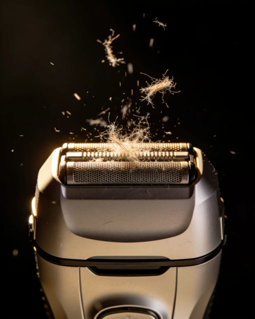 A plain electric foil shaver head in close-up with fine stubble clippings flying off it, warm side light against a dark ground