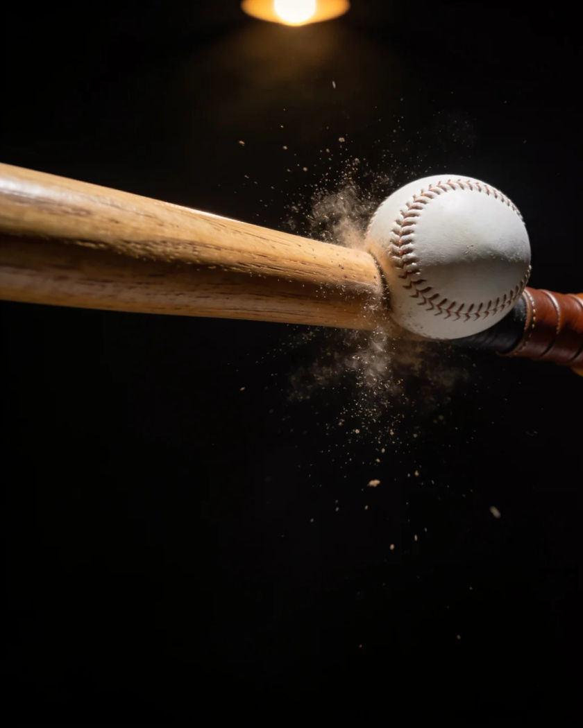 A plain wooden baseball bat meeting a ball under warm side light against a black ground, dust and splinters bursting from the contact