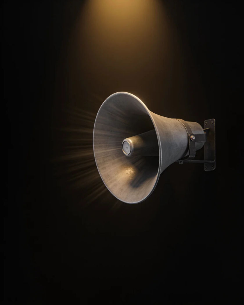 A plain grey metal horn speaker on a small dark wall bracket under warm light against a black ground, a haze of dust trembling in front of it