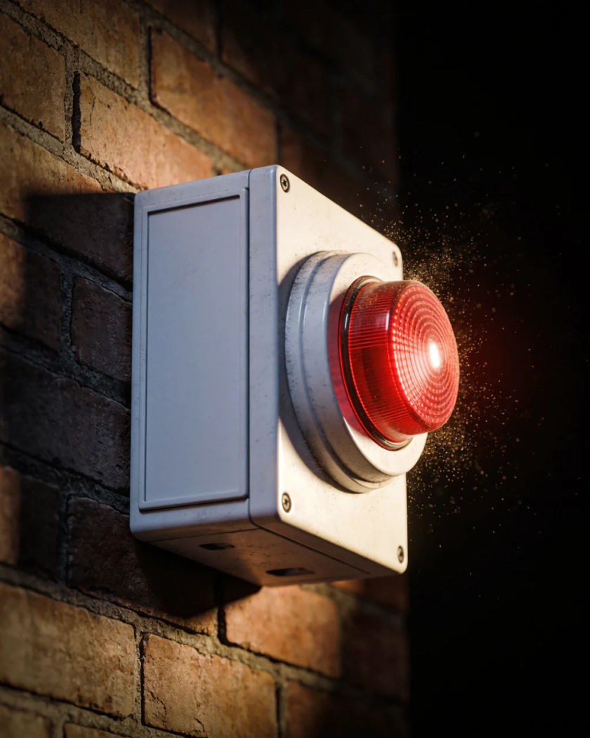 A plain alarm bell box on a brick wall under warm side light against a black ground, a red strobe flashing and dust shaking off the casing