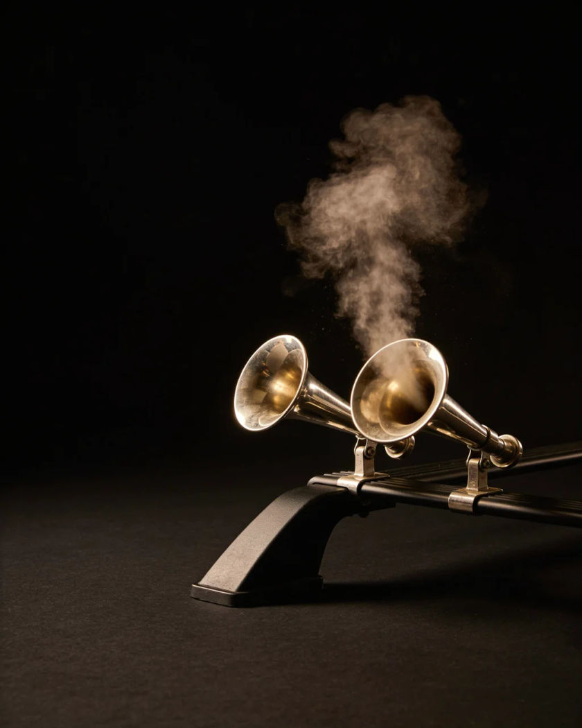 Two chrome air horn trumpets on the roof of a dark plain bus under warm side light against a black ground, a burst of vapour from the bells